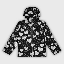 Ветровка с капюшоном женская Белые сердечки на черном фоне, цвет: 3D-белый