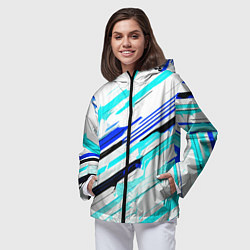 Ветровка с капюшоном женская Чёрно-сине-голубые полосы на белом фоне, цвет: 3D-черный — фото 2