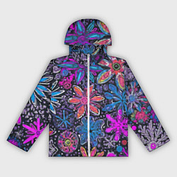 Ветровка с капюшоном женская Неоновые абстрактные снежинки, цвет: 3D-белый