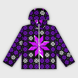 Ветровка с капюшоном женская Фиолетово-белые звёзды на чёрном фоне, цвет: 3D-белый