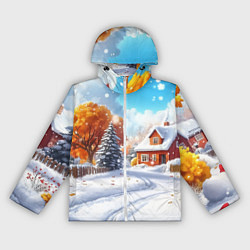 Ветровка с капюшоном женская Новогодний пейзаж и домики, цвет: 3D-белый