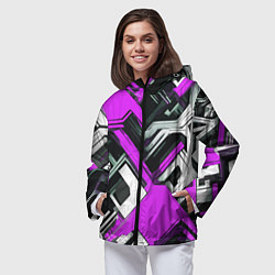 Ветровка с капюшоном женская Бело-фиолетовый техно паттерн на чёрном фоне, цвет: 3D-черный — фото 2