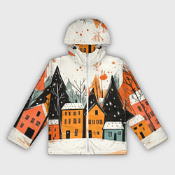 Ветровка с капюшоном женская Оранжевые зимние домики, цвет: 3D-белый