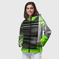 Ветровка с капюшоном женская Белые вертикальные полосы на чёрно-зелёном фоне, цвет: 3D-черный — фото 2