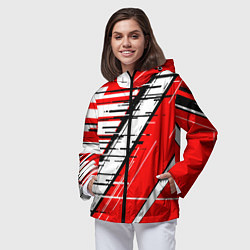 Ветровка с капюшоном женская Чёрно-белые глитч полосы на красном фоне, цвет: 3D-черный — фото 2