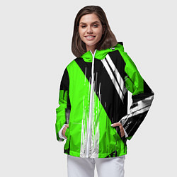Ветровка с капюшоном женская Вертикальные чёрные линии на зелёно-белом фоне, цвет: 3D-белый — фото 2
