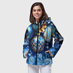 Ветровка с капюшоном женская Синие новогодние шары, цвет: 3D-черный — фото 2