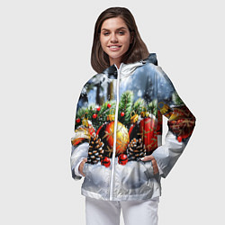 Ветровка с капюшоном женская Красные и желтый новогодние шары, цвет: 3D-белый — фото 2