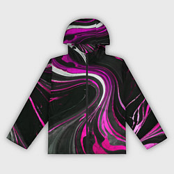 Ветровка с капюшоном женская Волнистые бело-розовые линии на чёрном фоне, цвет: 3D-черный
