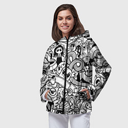 Ветровка с капюшоном женская Black and white doddle monsters, цвет: 3D-черный — фото 2