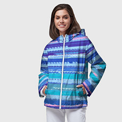Ветровка с капюшоном женская Морской сине-голубой абстрактные полосы, цвет: 3D-белый — фото 2