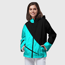 Ветровка с капюшоном женская Чёрный и неоновый голубой двуцветный с полосой, цвет: 3D-черный — фото 2