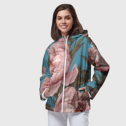 Ветровка с капюшоном женская Розовые пионы на голубом, цвет: 3D-белый — фото 2