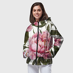 Ветровка с капюшоном женская Розовые пионы на белом, цвет: 3D-черный — фото 2