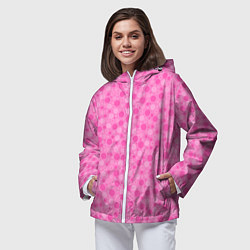 Ветровка с капюшоном женская Малиново розовые пузыри и горохи, цвет: 3D-белый — фото 2