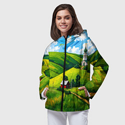 Ветровка с капюшоном женская Русская деревенька, цвет: 3D-черный — фото 2