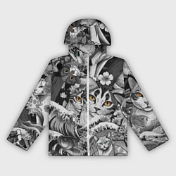 Ветровка с капюшоном женская С котами и рыбой на фоне сакуры в волнах, цвет: 3D-белый