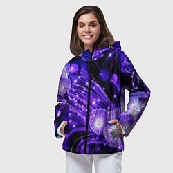 Ветровка с капюшоном женская Силуэты цветов на темном фоне - фиолетовое свечени, цвет: 3D-черный — фото 2