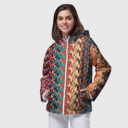Ветровка с капюшоном женская Красно-синий искажённые полосы узор, цвет: 3D-белый — фото 2