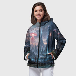 Ветровка с капюшоном женская Фантастический мир с медузами и озеро у гор, цвет: 3D-черный — фото 2