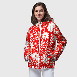 Ветровка с капюшоном женская Цветочный красно-белый, цвет: 3D-белый — фото 2