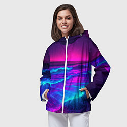 Ветровка с капюшоном женская Неоновое море - ночные волны, цвет: 3D-белый — фото 2
