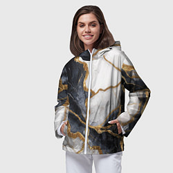 Ветровка с капюшоном женская Мрамор белый и черный с золотом, цвет: 3D-белый — фото 2