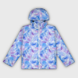 Ветровка с капюшоном женская Узор из голубых и сиреневых перьев, цвет: 3D-белый