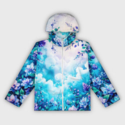 Ветровка с капюшоном женская Фантастический цветочный с голубыми облаками, цвет: 3D-белый