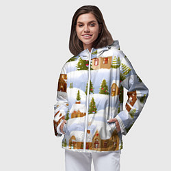 Ветровка с капюшоном женская Новогодние домики и елочки, цвет: 3D-белый — фото 2